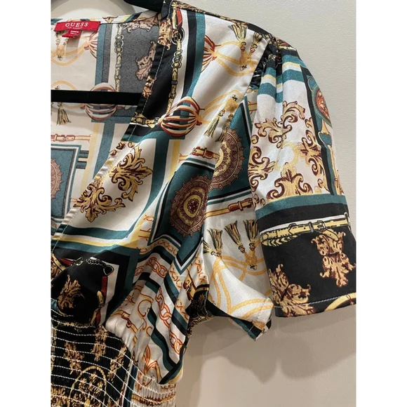 Guess Babydoll Faux Wrap Satin Crop Top M Gold Smocked Mob Wife Y2K Going Out - Picture 2 of 14